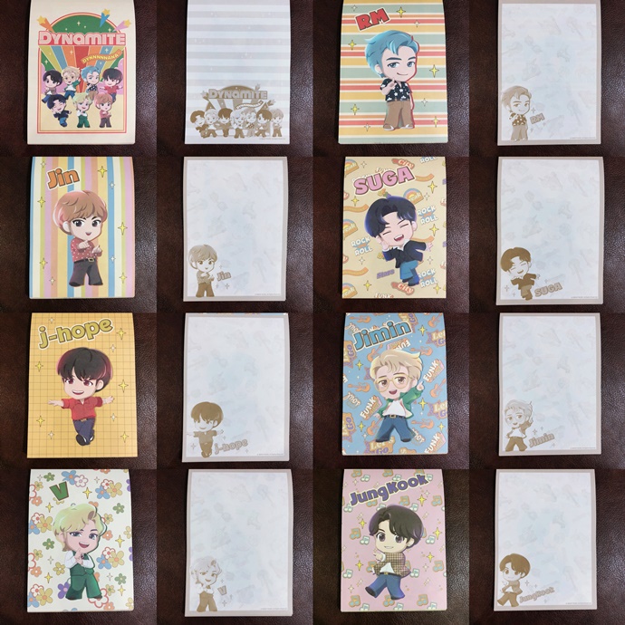 สมุดฉีก BTS TinyTan ของแท้จากญี่ปุ่น ลาย Dynamite สีครีม ขนาด 10.3 x 14.5 x 1.1 ซม. มี 8 ลาย ลายละ 12 แผ่น รวม 96 แผ่น