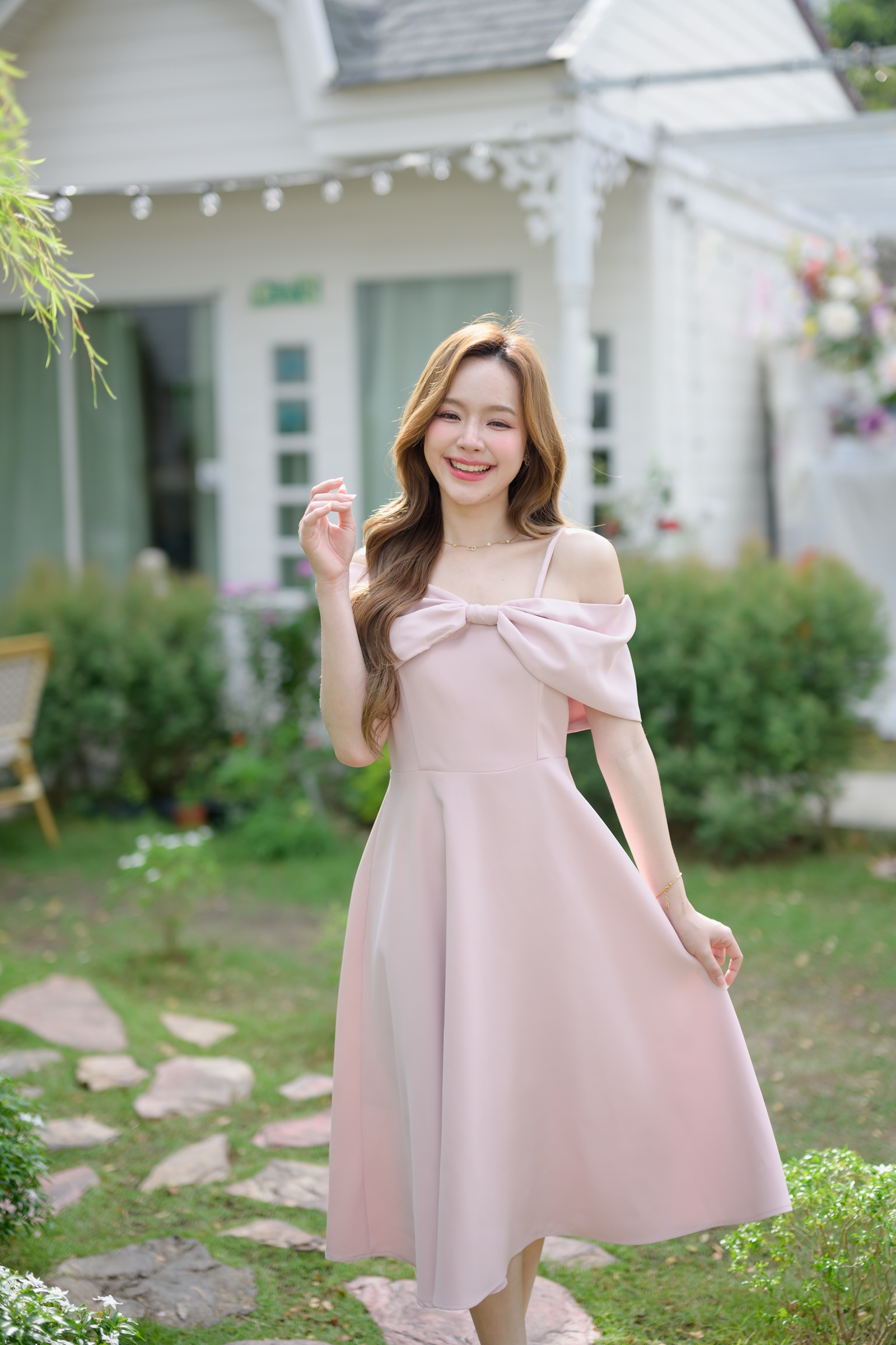 Charming Off-Shoulder Midi Dress : สีชมพู [Made by Pastel Time]