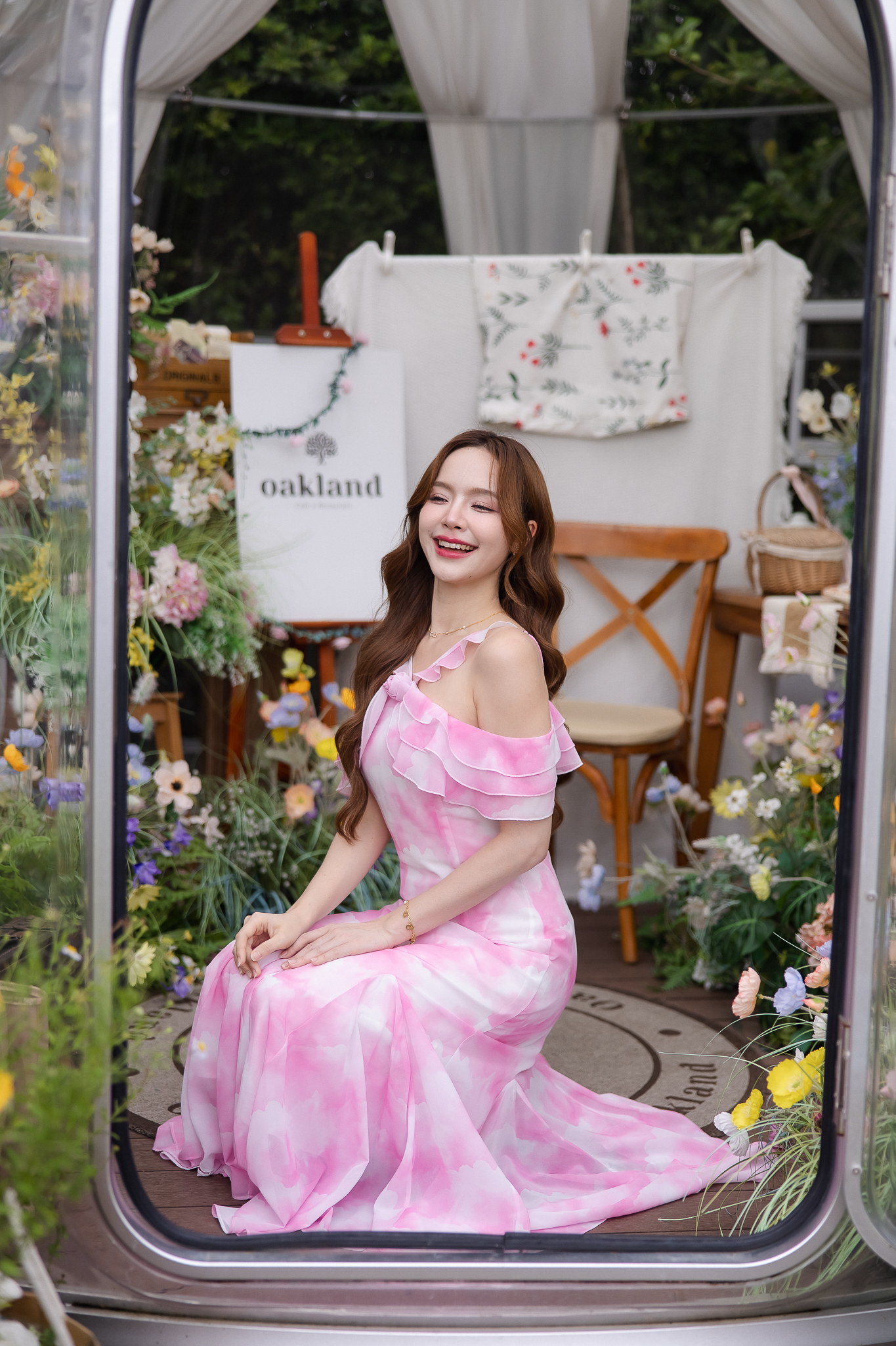 Pink Cloudy Off-Shoulder Maxi Dress ลายเมฆชมพู