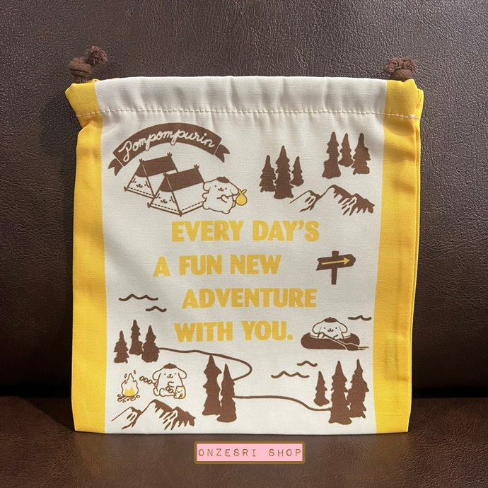 ถุงผ้ารูดเชือก Pompompurin Camping สีเหลือง ขนาด 19 x 19 ซม.