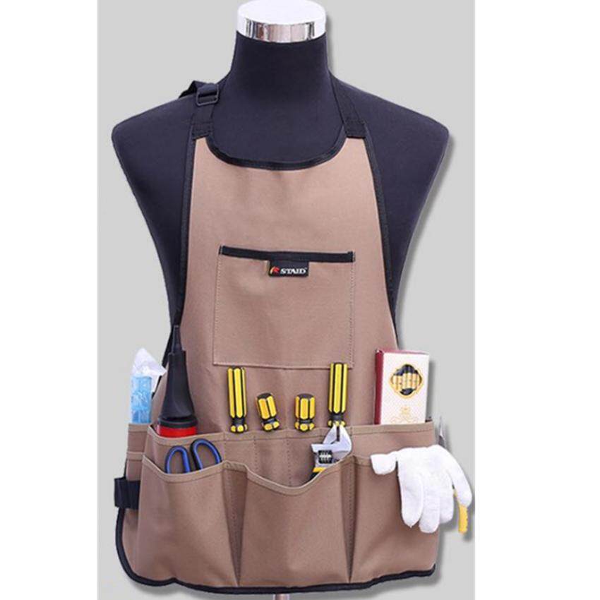 เอี๊ยมกันเปื้อนช่าง กระเป๋าเครื่องมือช่าง ผ้ากันเปื้อน เสื้อช่างใส่เครื่องมือ สีน้ำตาล/ดำ