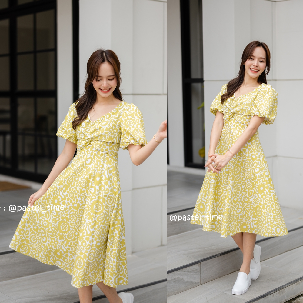 Cecil Flare Dress - สีเหลืองมะนาว