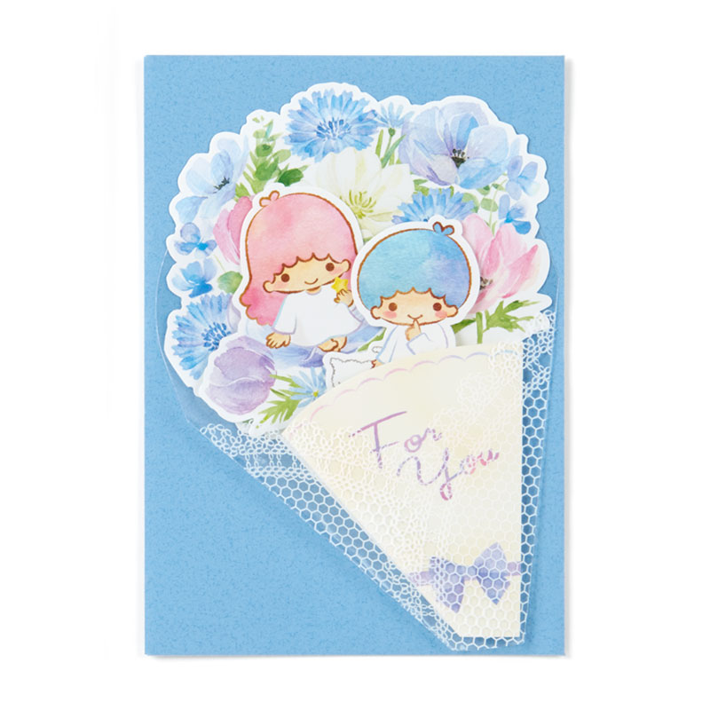 Sanrio Bouquet Pop up Card - ลาย Little Twin Stars กางออกมาจะเป็นช่อดอกไม้ มีพลาสติกรูปลูกไม้หุ้มด้านนอก มาพร้อมซอง เขียนด้านในได้ ขนาด 11 x 16.2 ซม.