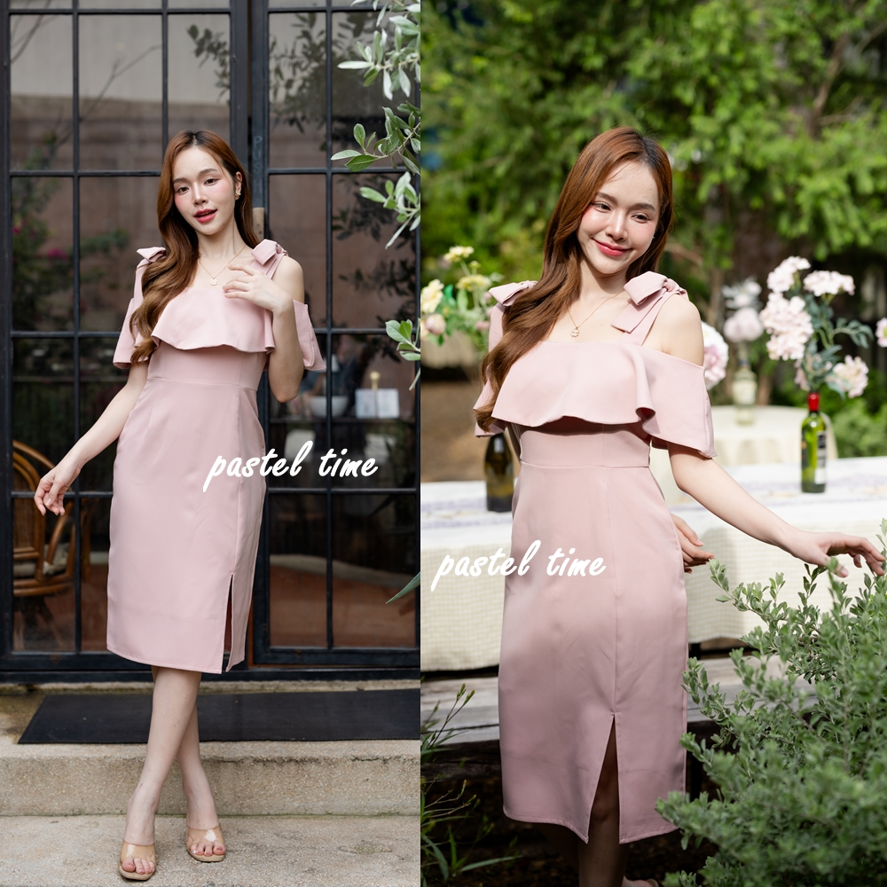 Kristen off-shoulder dress : สีชมพู [Made by Pastel Time]