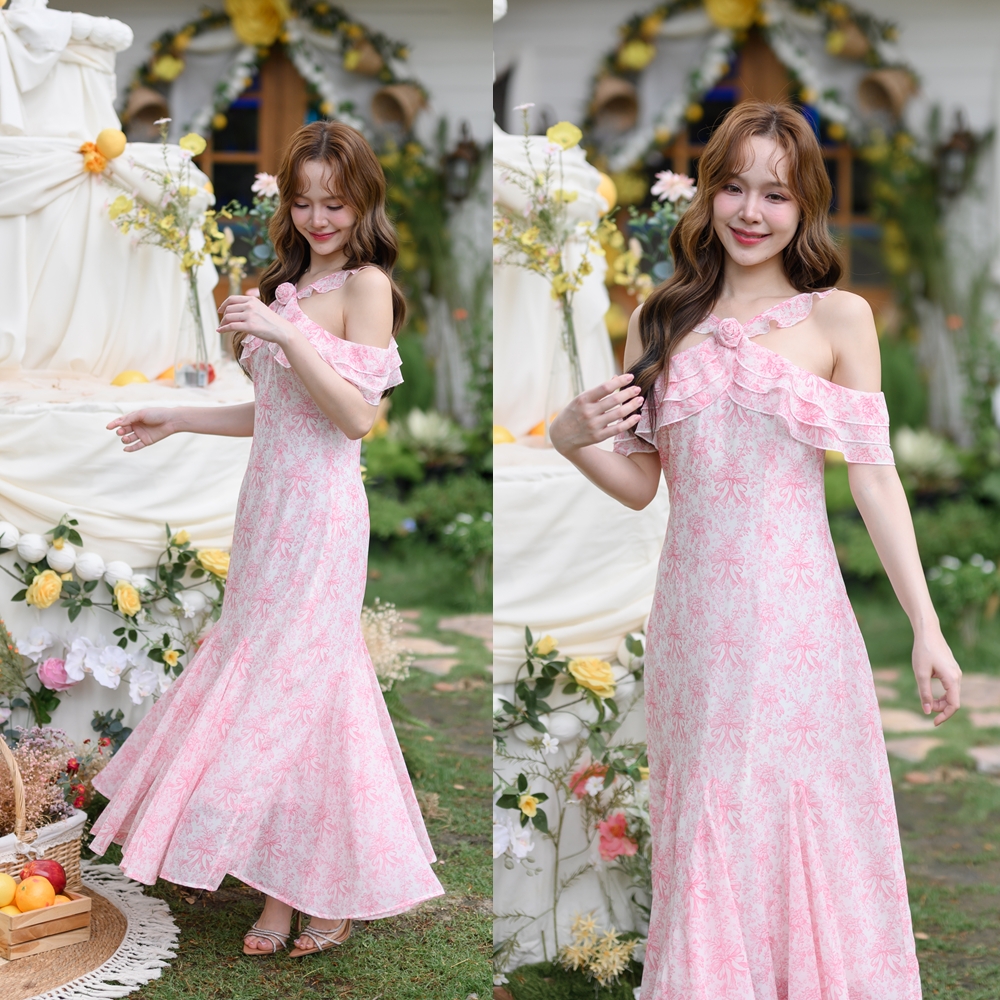 Pink Toile Bow Off-Shoulder Maxi Dress