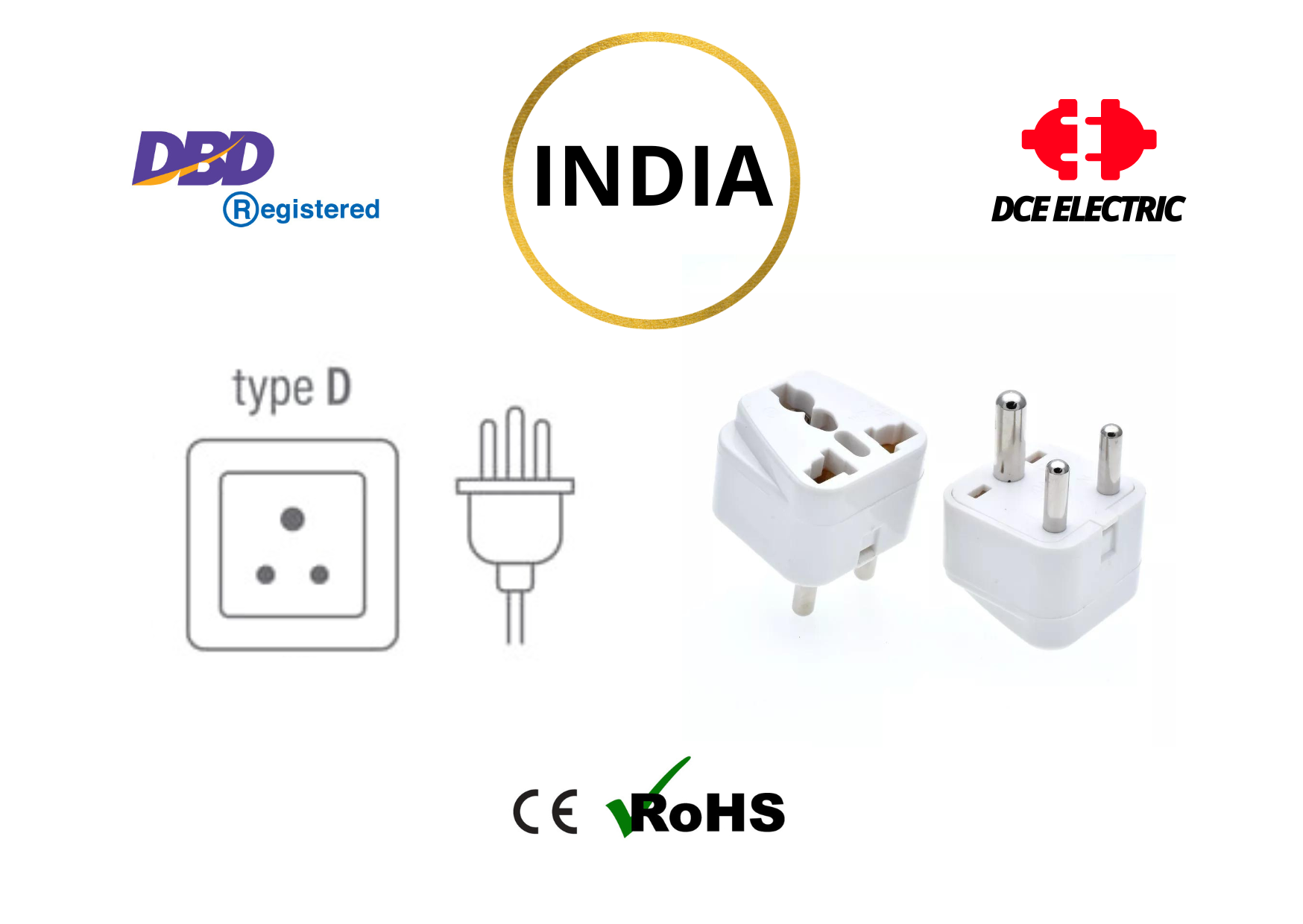 DCE high quality หัวแปลงปลั๊กไฟ ปลั๊กอินเดีย ปลั๊กแปลงอินเดีย ศรีลังกา เนปาล นามีเบีย มาตรฐาน CE และ RoHS (Type D)
