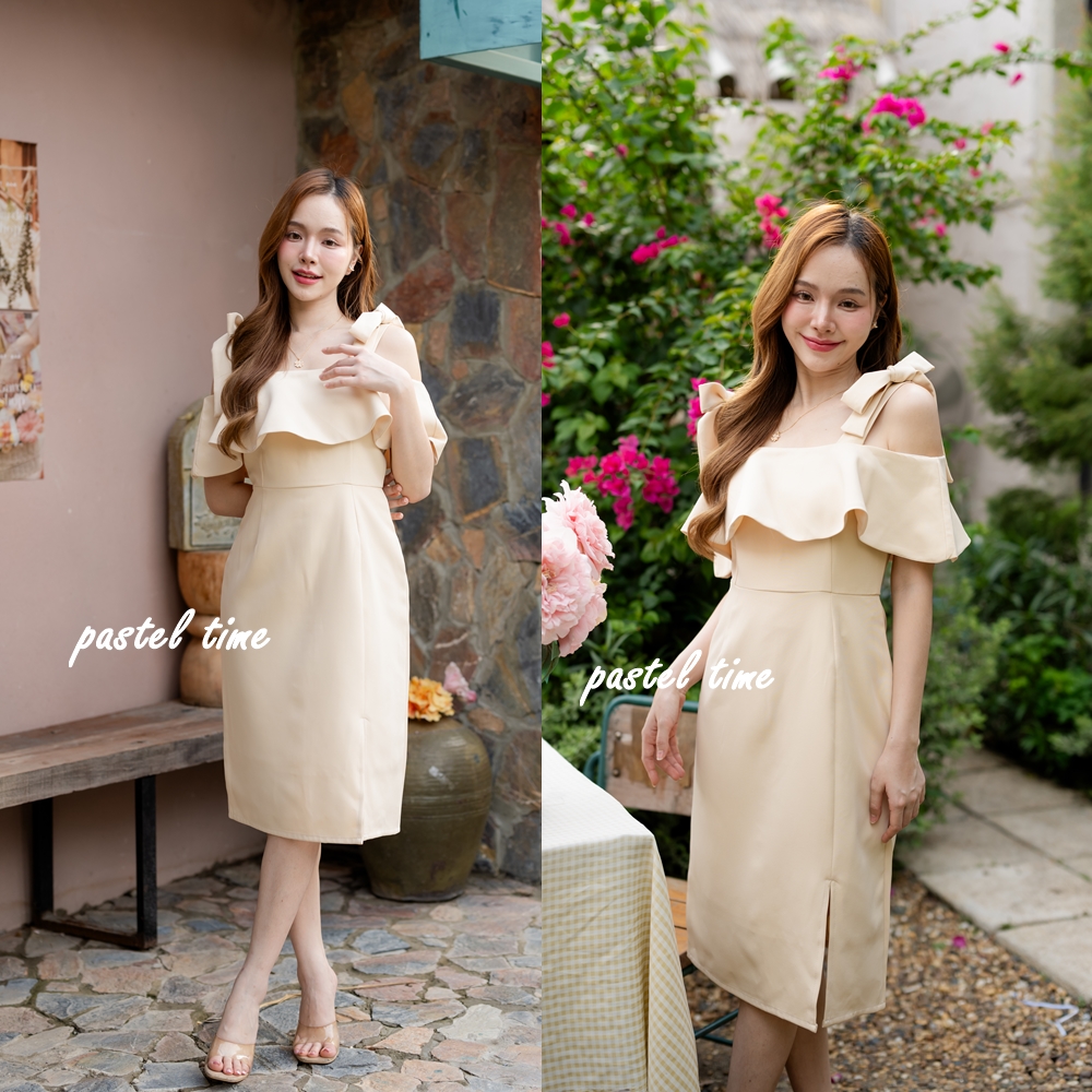Kristen off-shoulder dress : สีครีม [Made by Pastel Time]