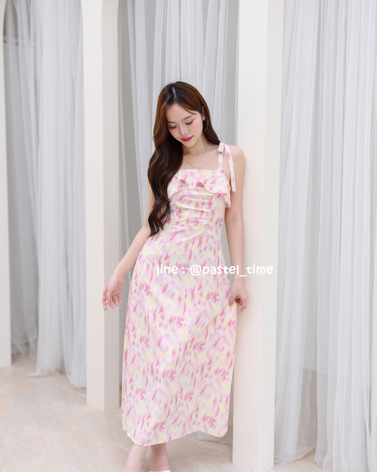 Love in a mist Maxi dress – ลายสีน้ำโทนสีชมพู