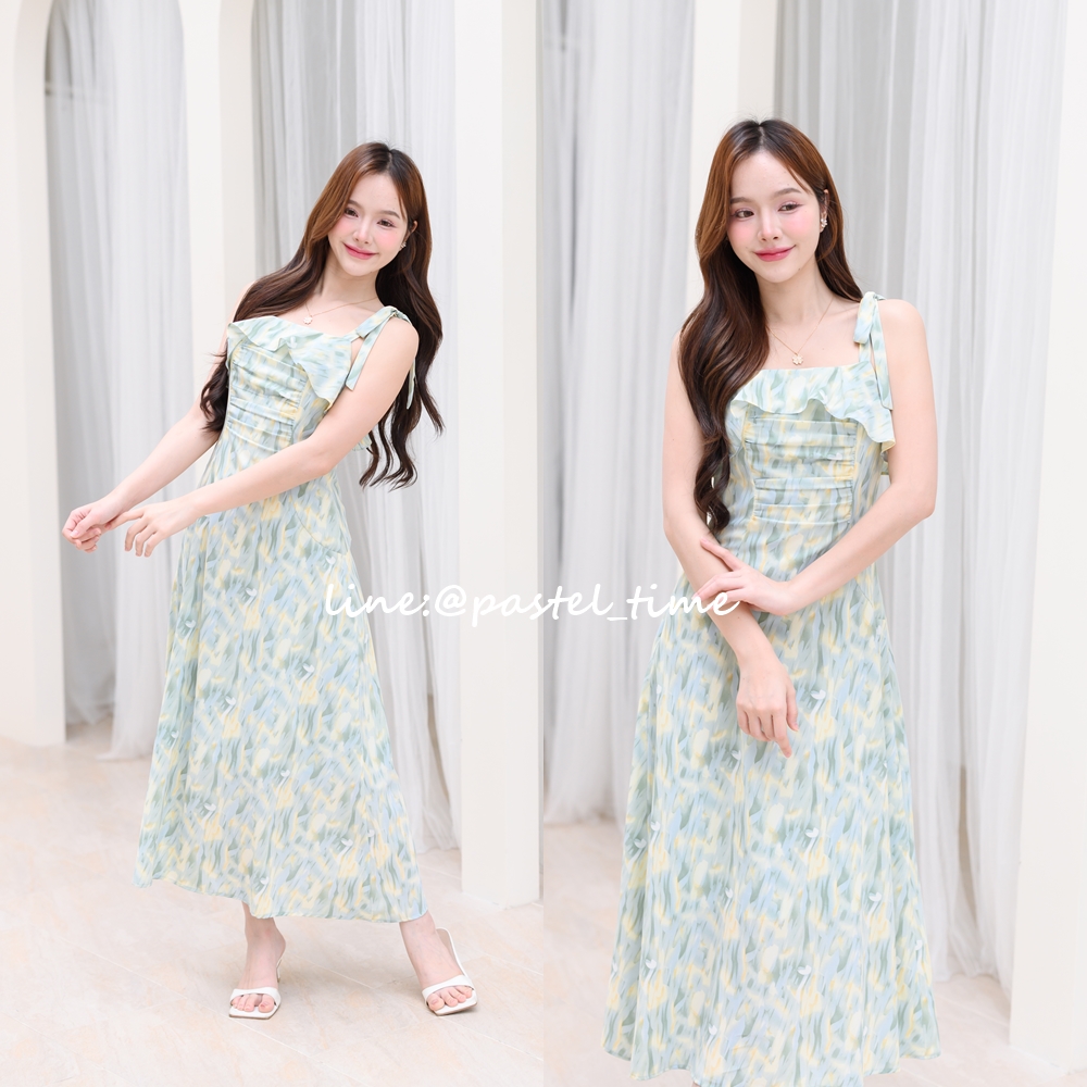 Love in a mist Maxi dress – ลายสีน้ำโทนสีเขียว [Made by Pastel Time]
