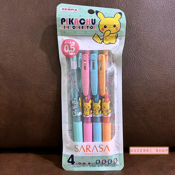Set ปากกา Zebra Sarasa Clip จากญี่ปุ่น ลาย Pikachu สีเขียวมินต์ชมพู หัว 0.5 รวม 4 แท่ง หมึกสี Milk Blue Green, Milk Pink, Milk Blue, Milk Orange