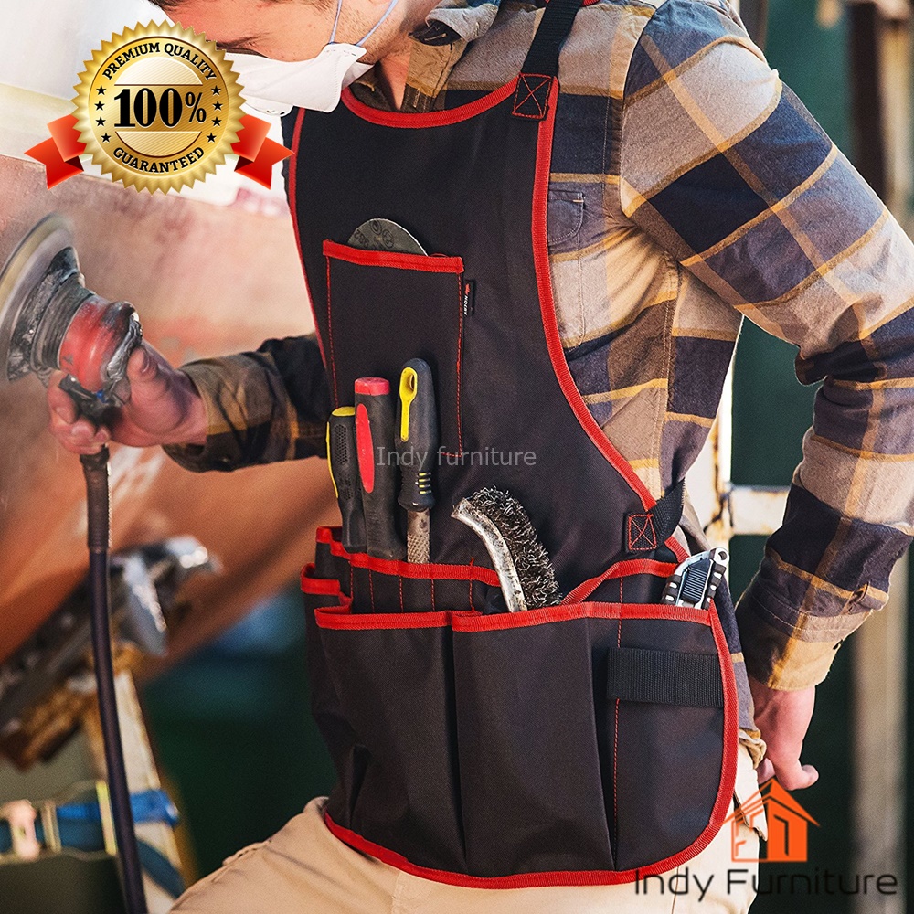 เอี๊ยมกันเปื้อนช่าง กระเป๋าเครื่องมือช่าง ผ้ากันเปื้อน เสื้อช่างใส่เครื่องมือ สีดำ/แดง