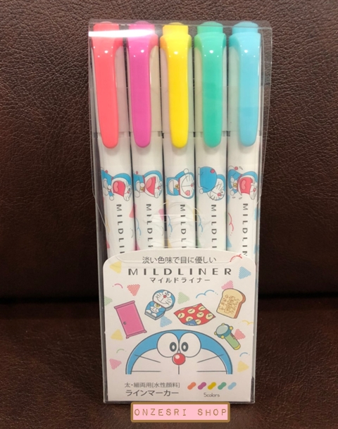 ปากกาไฮไลต์ Zebra Mildliner 5 Colors Set ลาย Doraemon สีขาว มี 5 สีในเซ็ต ตรงด้ามเป็นลายน่ารัก สี Mild Coral Pink, Mild Fuchsia, Mild Lemon Yellow, Mild Blue Green, Mild Blue