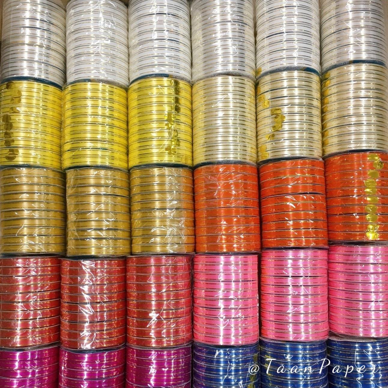 ริบบิ้นขอบทอง เบอร์2 ตราเหรียญคู่ เนื้อดี ไม่แตก สำหรับพับเหรียญโปรยทาน