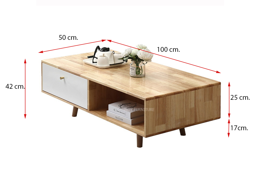 โต๊ะกลางไม้ยางพารา รุ่น Racha-CT100 สีธรรมชาติ /หน้าบานขาว 100x50x42 cm.