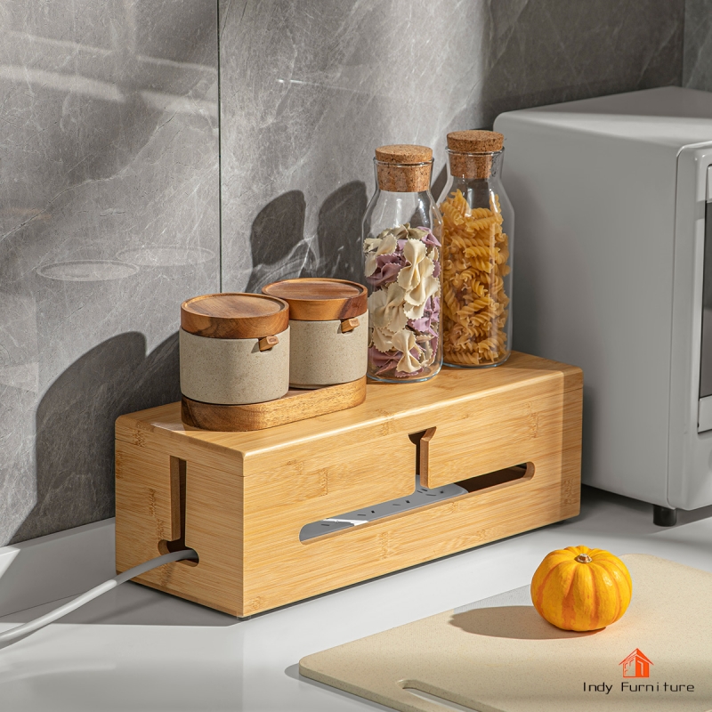 Indy Furniture BG-02 กล่องเก็บสายไฟ กล่องเก็บปลั๊กไฟ แท่นวางชาร์จมือถือ ไม้ยางพารา