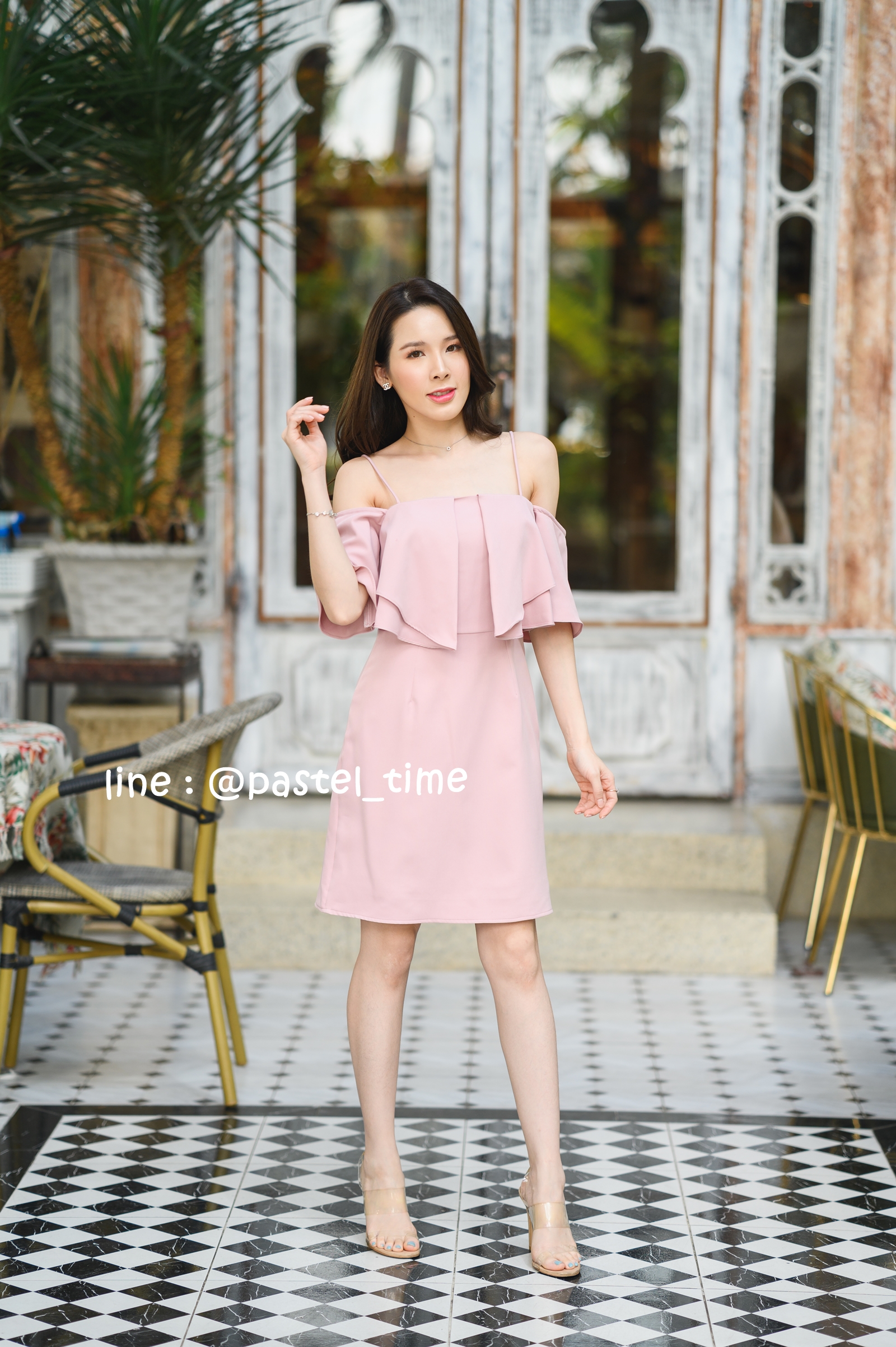 Grace Open Shoulder Dress : สีชมพู [Made by Pastel Time]