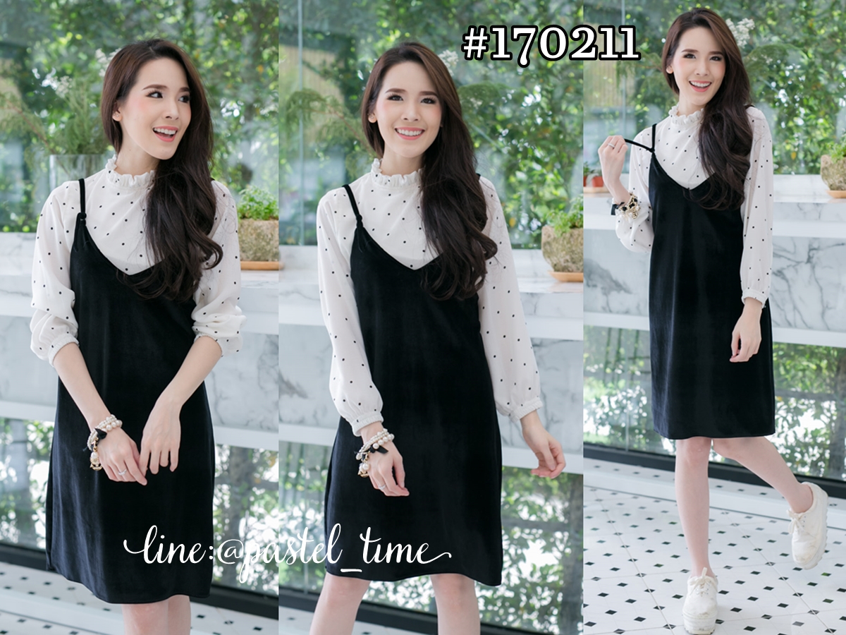 Chic Dotty Top & Velvet Strap Dress –เซทเสื้อ&เดรส