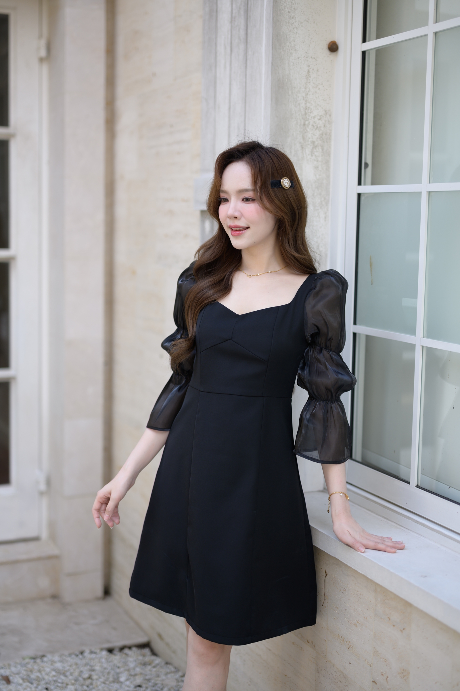 Evie Organza Puff Dress เดรสแขนพัฟ: สีดำ [Made by Pastel Time]