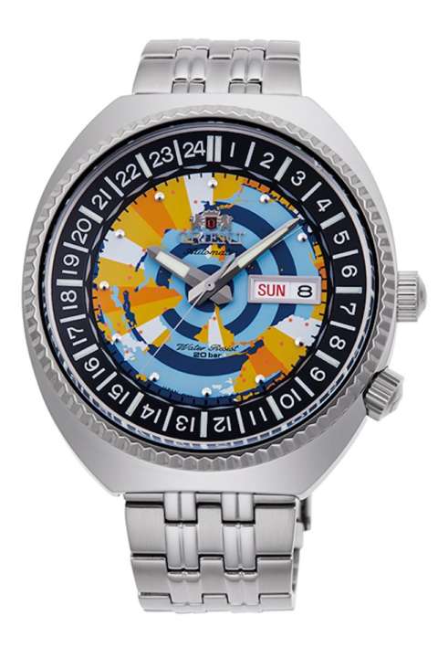 ORIENT World Map Diver Limited Edition รุ่น RA-AA0E04Y (หน้าปัดเหลือง/ส้ม/ฟ้า/น้ำเงิน สายสแตนเลส)