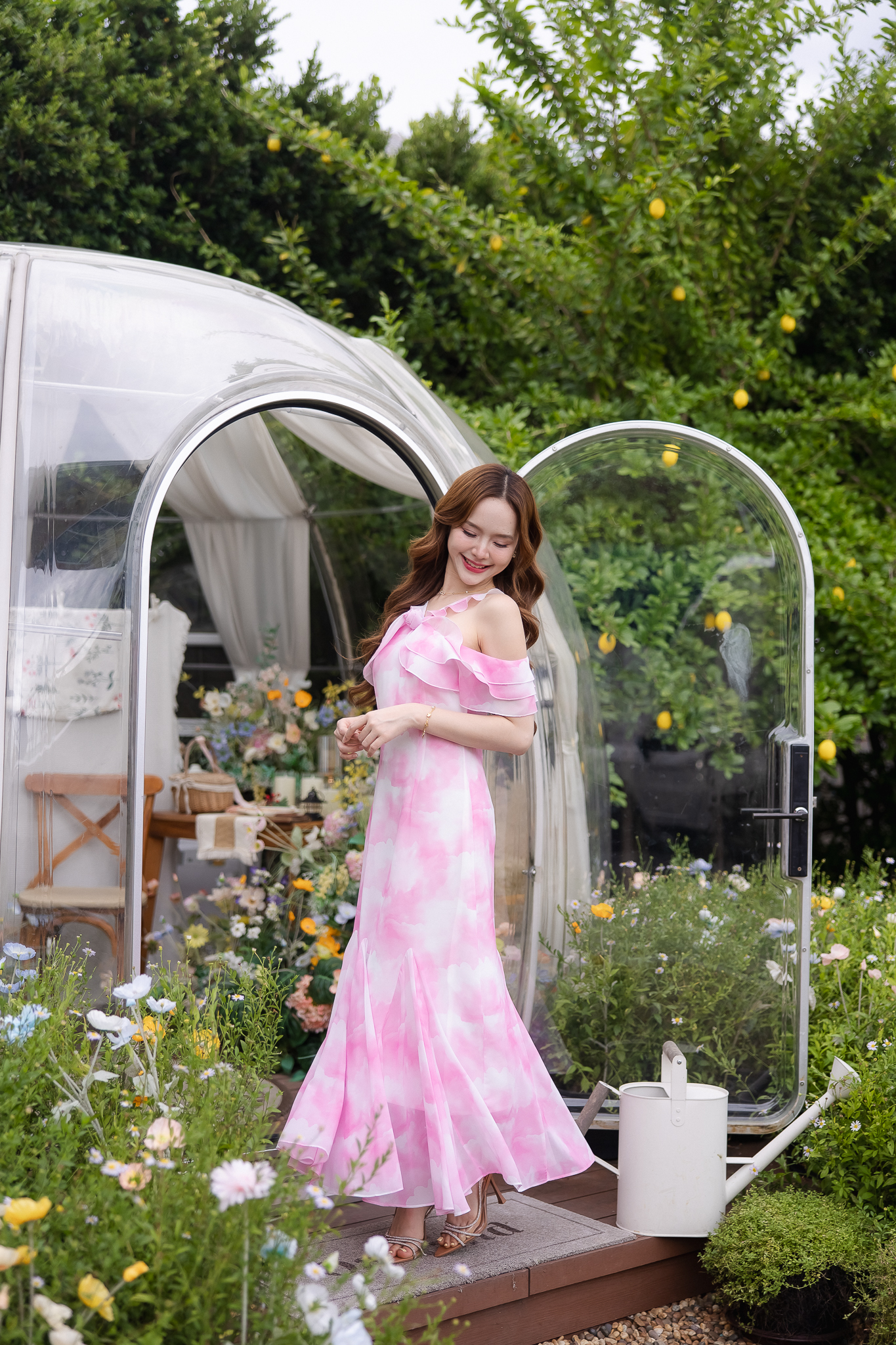 Pink Cloudy Off-Shoulder Maxi Dress ลายเมฆชมพู