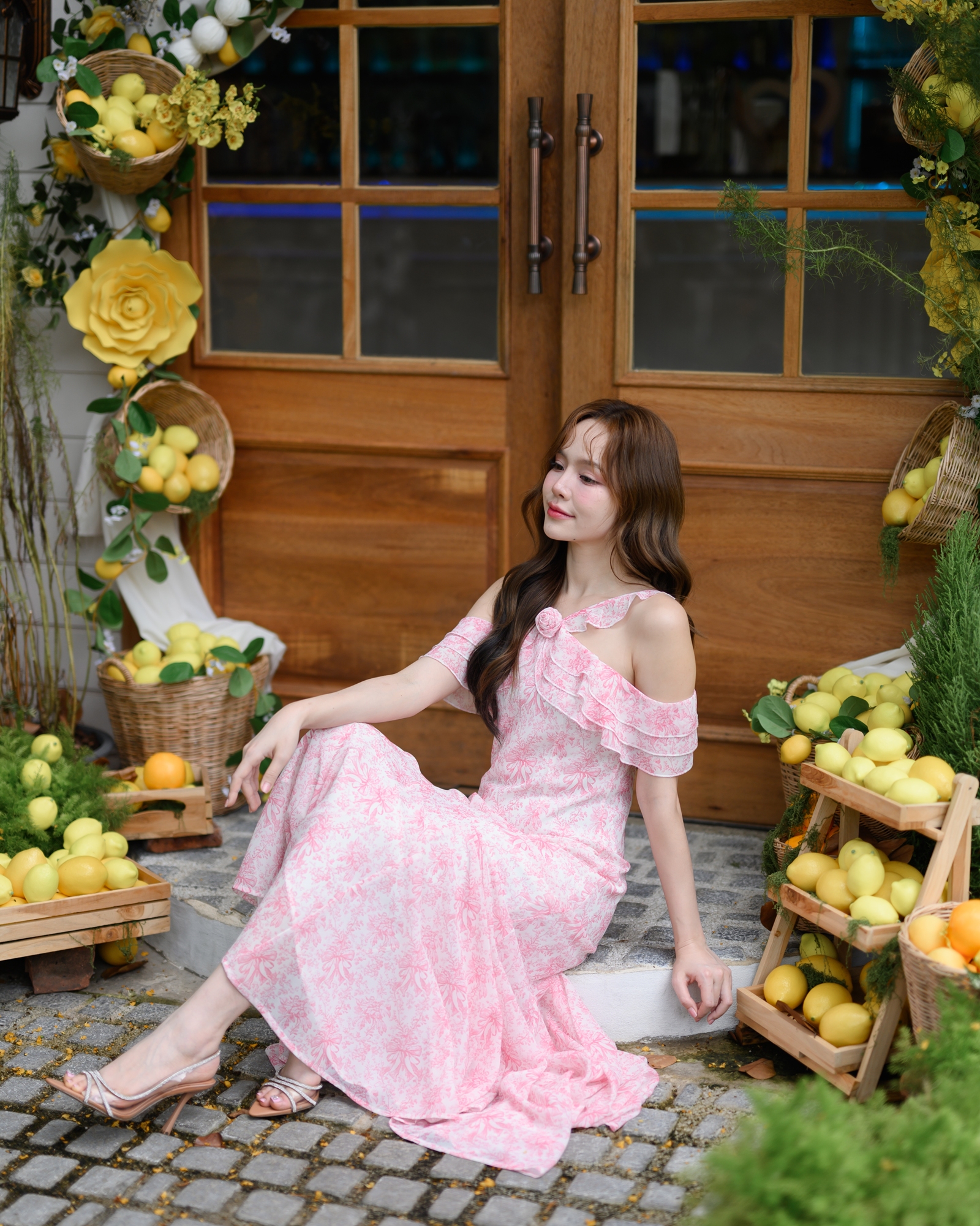 Pink Toile Bow Off-Shoulder Maxi Dress