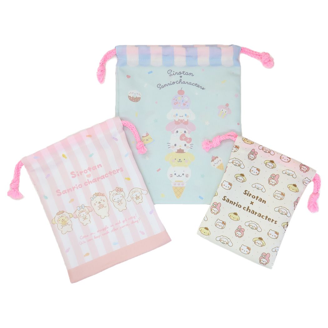 เซ็ตกระเป๋ารูดเชือก Sirotan x Sanrio Characters (Limited) มี 3 ใบในเซ็ต ขนาด 23 x 18 / 19 x 15 / 15 x 12 ซม.