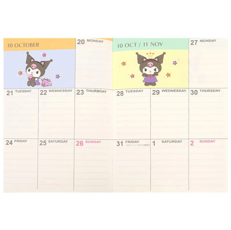 สมุด 2026 Schedule Book เล่มหนา B6 ลาย Kuromi สีดำ ขนาด 13.5 x 18.7 x 1.3 ซม. (192 หน้า) มีให้จดตั้งแต่เดือน 10/2025 - 3/2027 เป็นปฎิทินแบบ monthly & weekly แบบช่อง มี sticker
