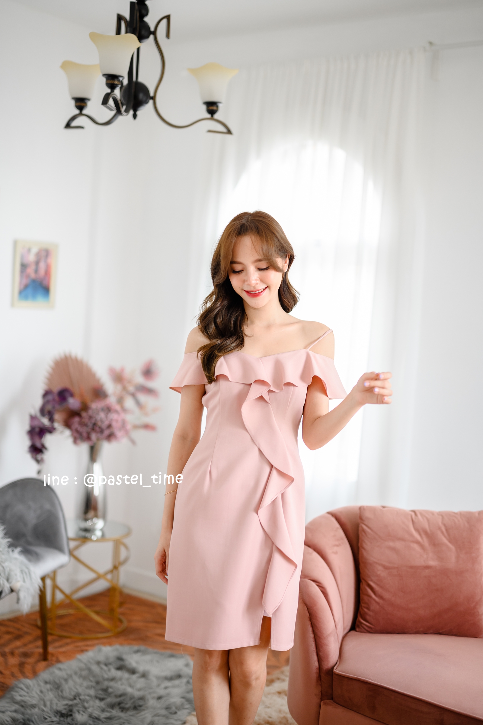 Kathy Off Shoulder Dress - สีชมพู **มีแต่S**