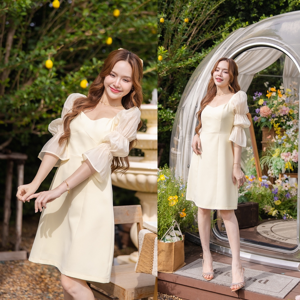 Evie Organza Puff Dress เดรสแขนพัฟ: สีเหลืองพาสเทล [Made by Pastel Time]