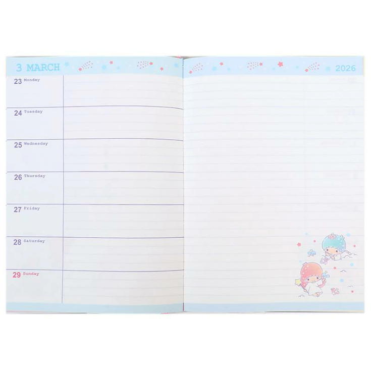 สมุด 2026 Schedule Book เล่มหนา B6 ลาย Little Twin Stars สีม่วงลายพร้อย ขนาด 13.5 x 18.7 x 1.3 ซม. (192 หน้า) มีให้จดตั้งแต่เดือน 10/2025 - 3/2027 เป็นปฎิทินแบบ monthly & weekly แบบช่องยาว มี sticker