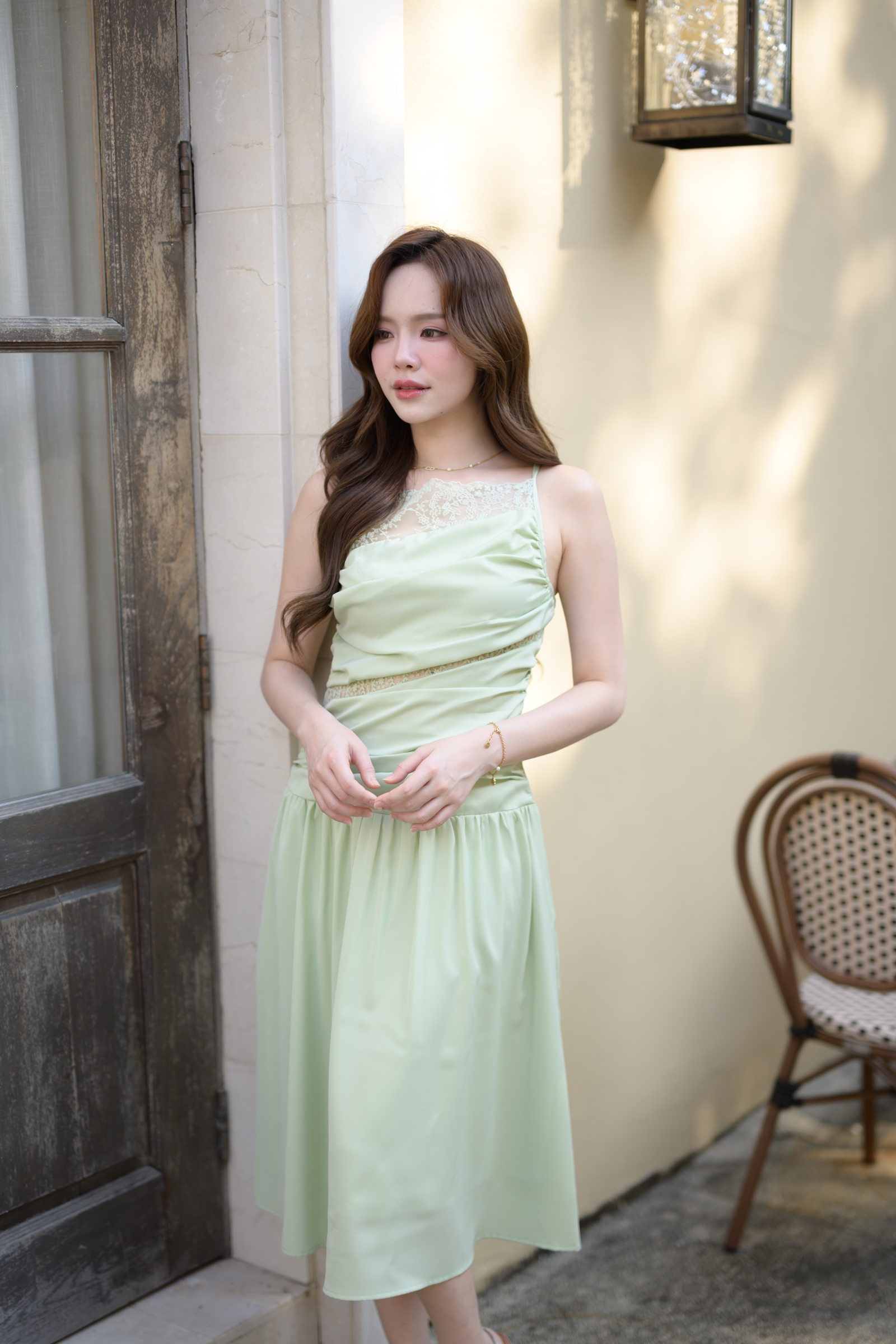 Elise Draped Lace Midi Dress : สีเขียว [Made by Pastel Time]
