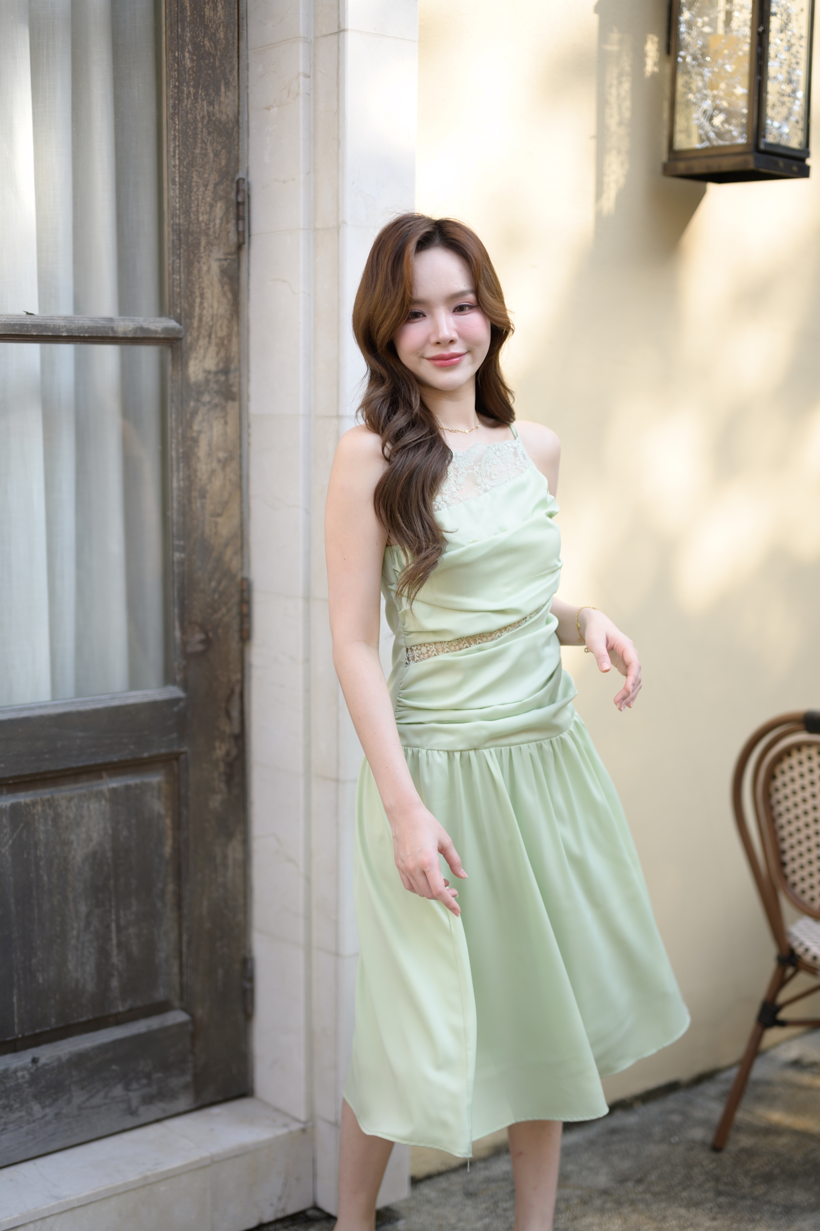 Elise Draped Lace Midi Dress : สีเขียว [Made by Pastel Time]