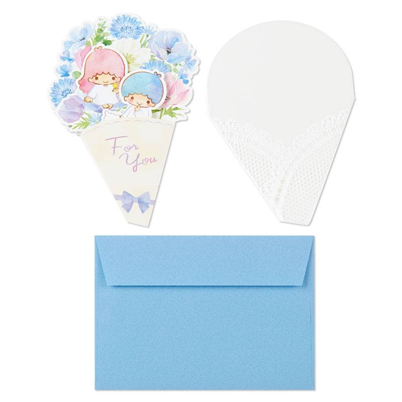 Sanrio Bouquet Pop up Card - ลาย Little Twin Stars กางออกมาจะเป็นช่อดอกไม้ มีพลาสติกรูปลูกไม้หุ้มด้านนอก มาพร้อมซอง เขียนด้านในได้ ขนาด 11 x 16.2 ซม.