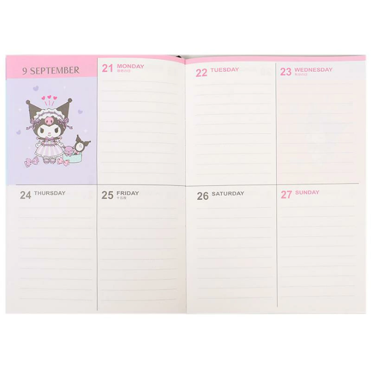 สมุด 2026 Schedule Book เล่มหนา B6 ลาย Kuromi สีดำ ขนาด 13.5 x 18.7 x 1.3 ซม. (192 หน้า) มีให้จดตั้งแต่เดือน 10/2025 - 3/2027 เป็นปฎิทินแบบ monthly & weekly แบบช่อง มี sticker