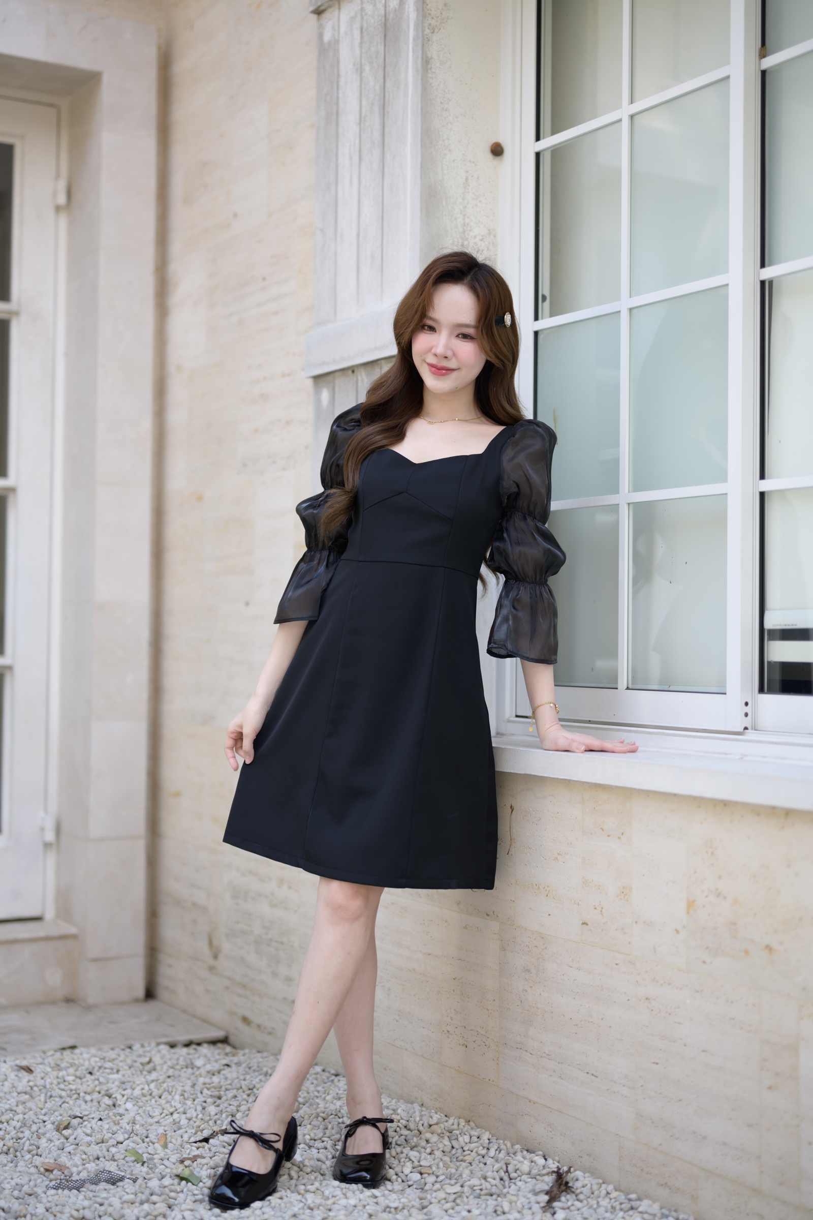 Evie Organza Puff Dress เดรสแขนพัฟ: สีดำ [Made by Pastel Time]