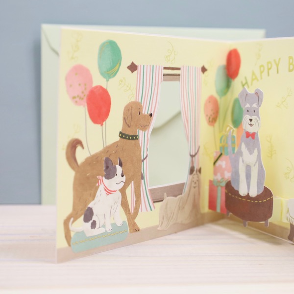 Greeting Life Birthday Window Pop Up Card จากญี่ปุ่น การ์ดอวยพรวันเกิด แบบเปิดหน้าต่างออกมาเป็นปาร์ตี้แก๊งน้องหมา เขียนด้านหลังได้ มาพร้อมซอง ขนาด 14 x 11 ซม.