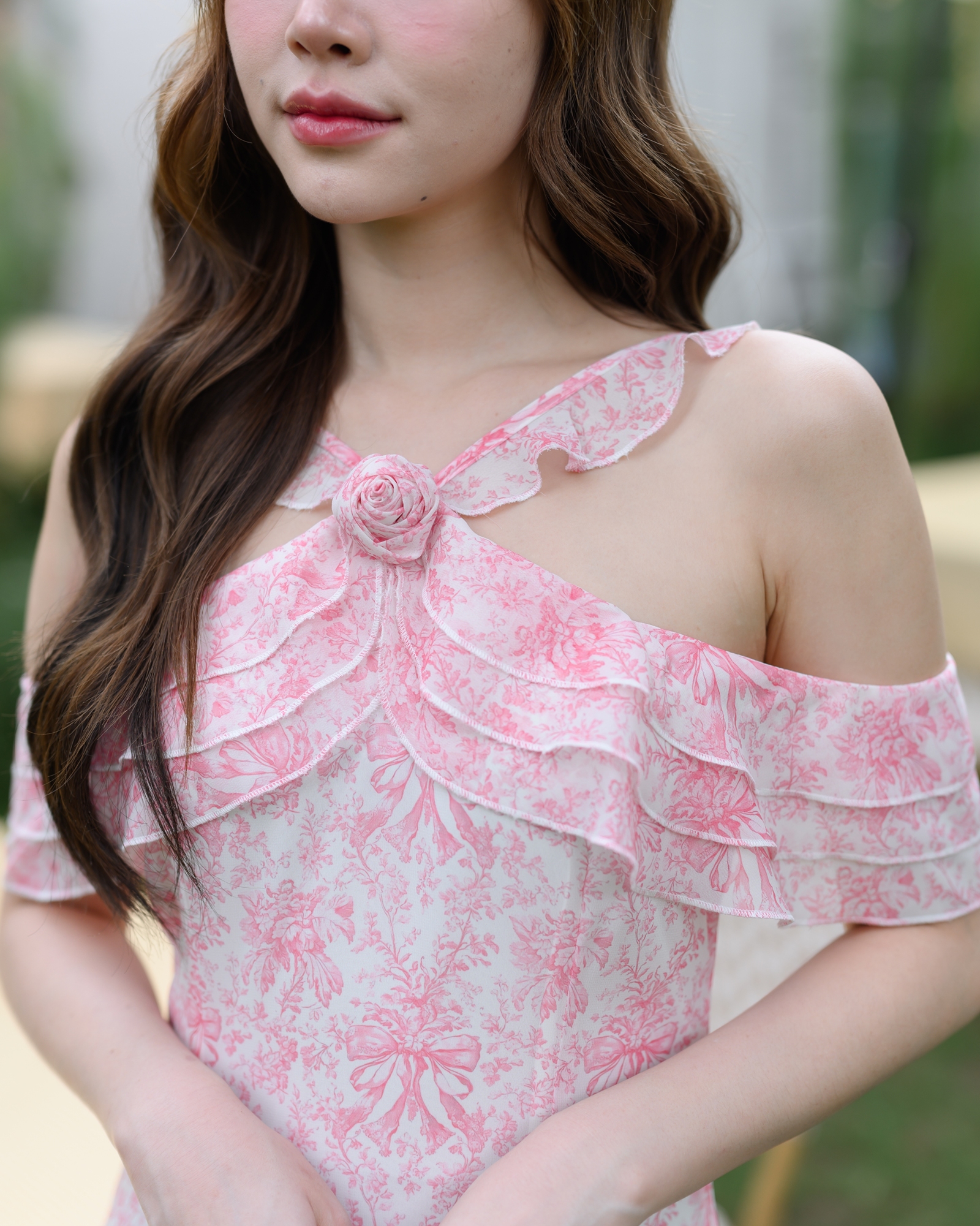Pink Toile Bow Off-Shoulder Maxi Dress