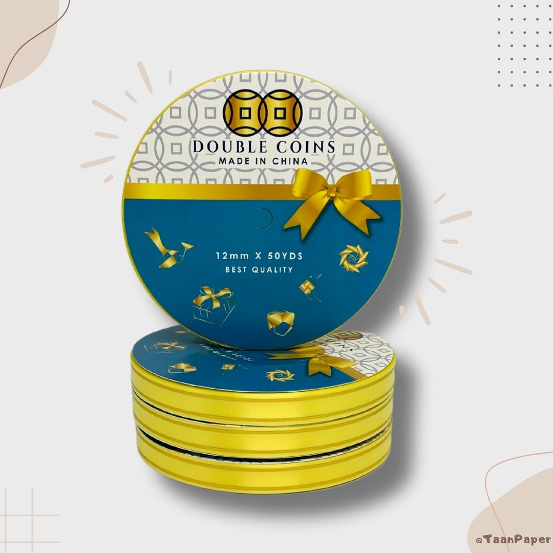 ริบบิ้นขอบทอง เบอร์2 ตราเหรียญคู่ เนื้อดี ไม่แตก สำหรับพับเหรียญโปรยทาน