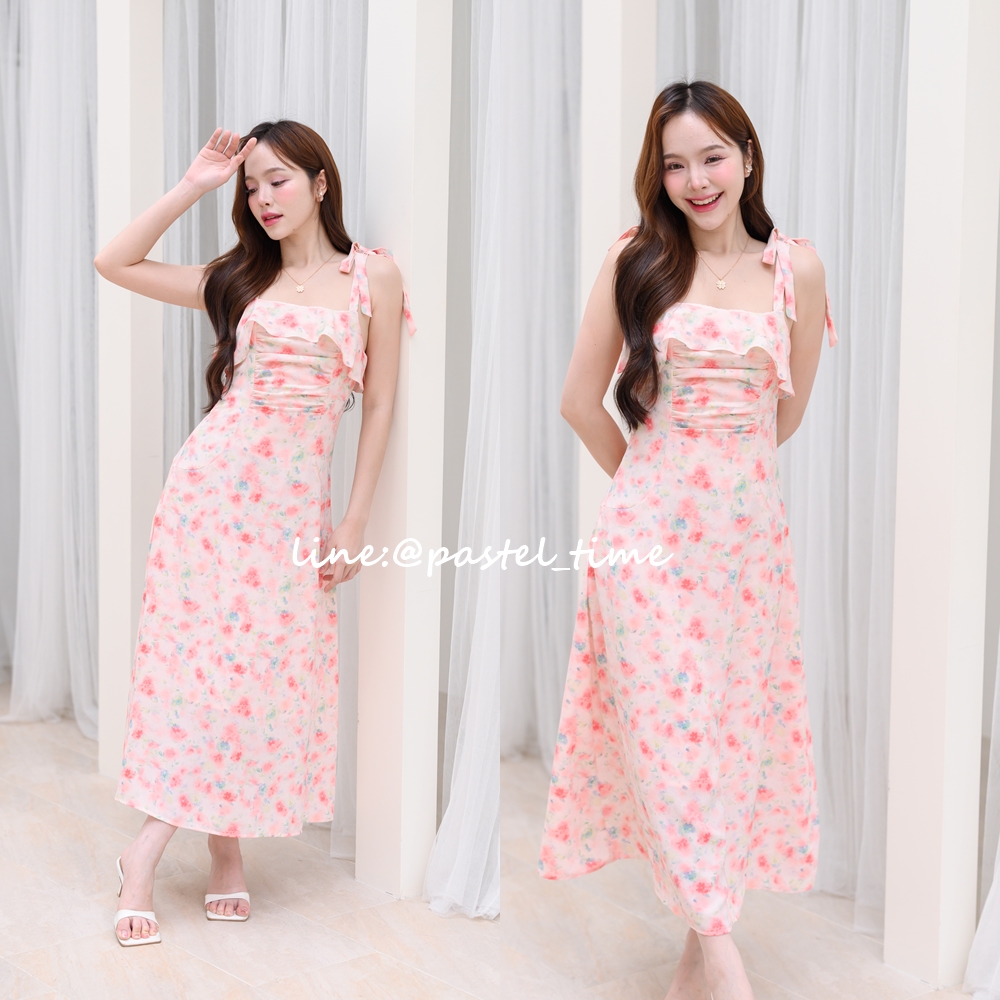 Love in a mist Maxi dress - ลายดอกไม้บนพื้นสีชมพู [Made by Pastel Time]