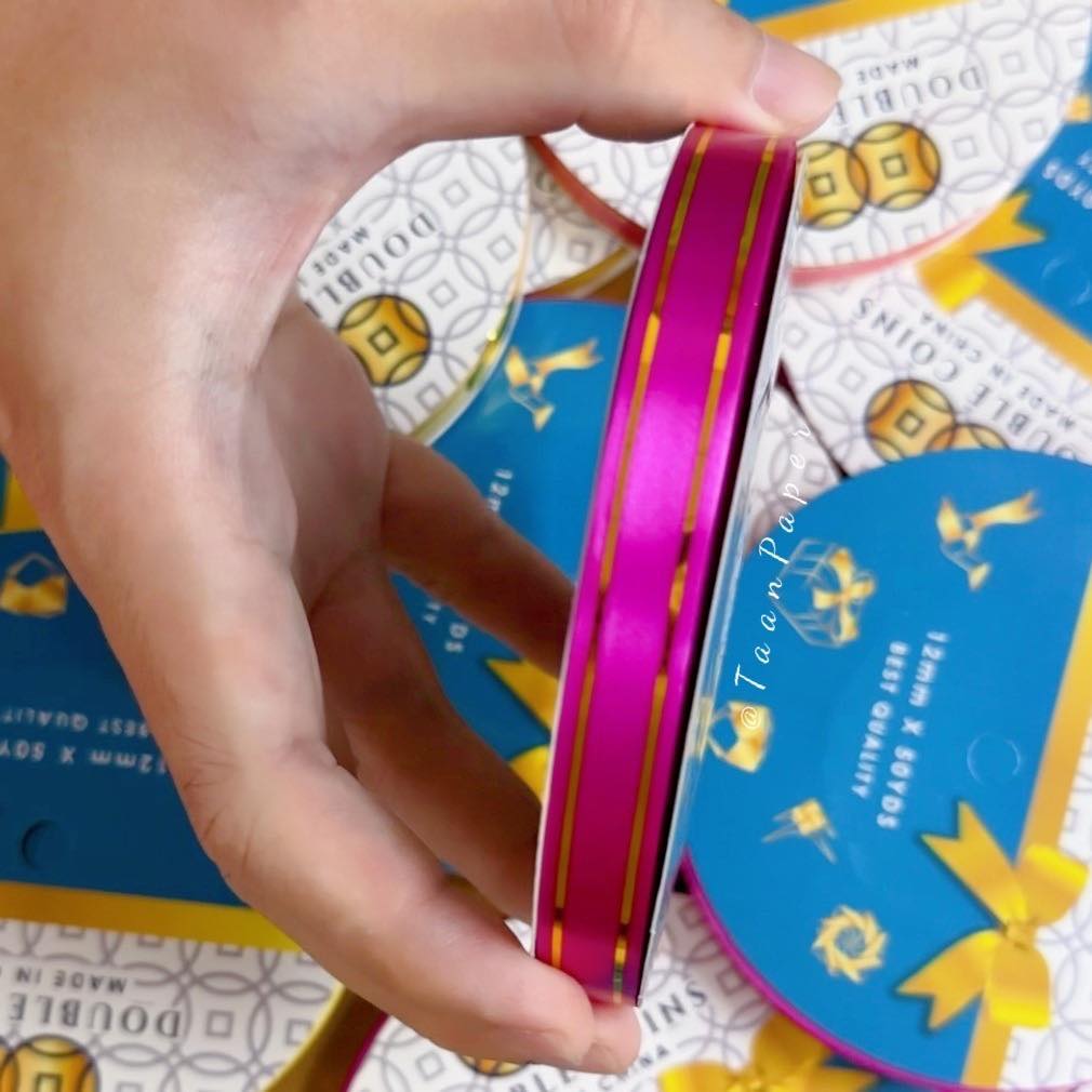 ริบบิ้นขอบทอง เบอร์2 ตราเหรียญคู่ เนื้อดี ไม่แตก สำหรับพับเหรียญโปรยทาน