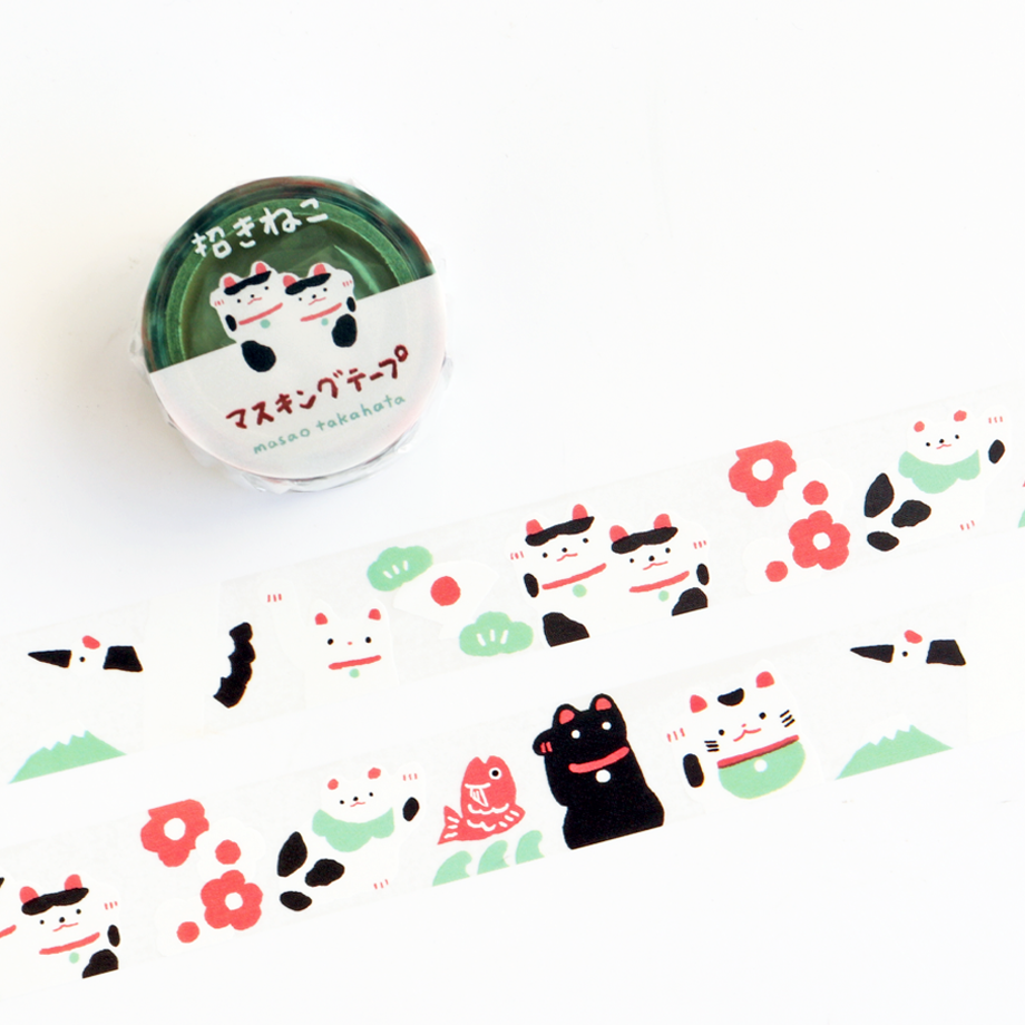 Masking Tape Papier platz จากดีไซเนอร์ Masao Takahata ลายแมวกวักญี่ปุ่น เป็นเทปพลาสติกแบบใสพิมพ์ลาย ใช้ตกแต่งสิ่งของได้ ทนทาน ขนาด 2 ซม. x 8 ม.