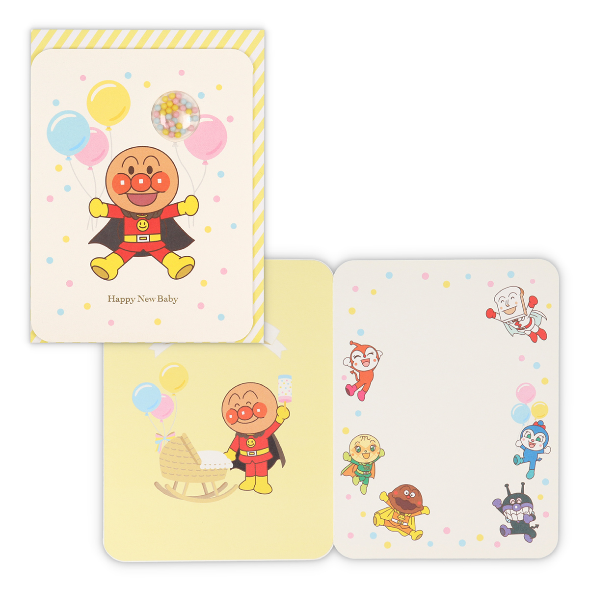 New Baby Pop Up Birthday Card จาก Hallmark Japan การ์ดอวยพรต้อนรับเด็กแรกเกิด ลาย Happy New Baby (Anpanman & Balloon) แต่งเป็นลูกโป่ง ด้านในมีลูกปัด น่ารักมาก ขนาด 14.2 x 10.6 ซม.