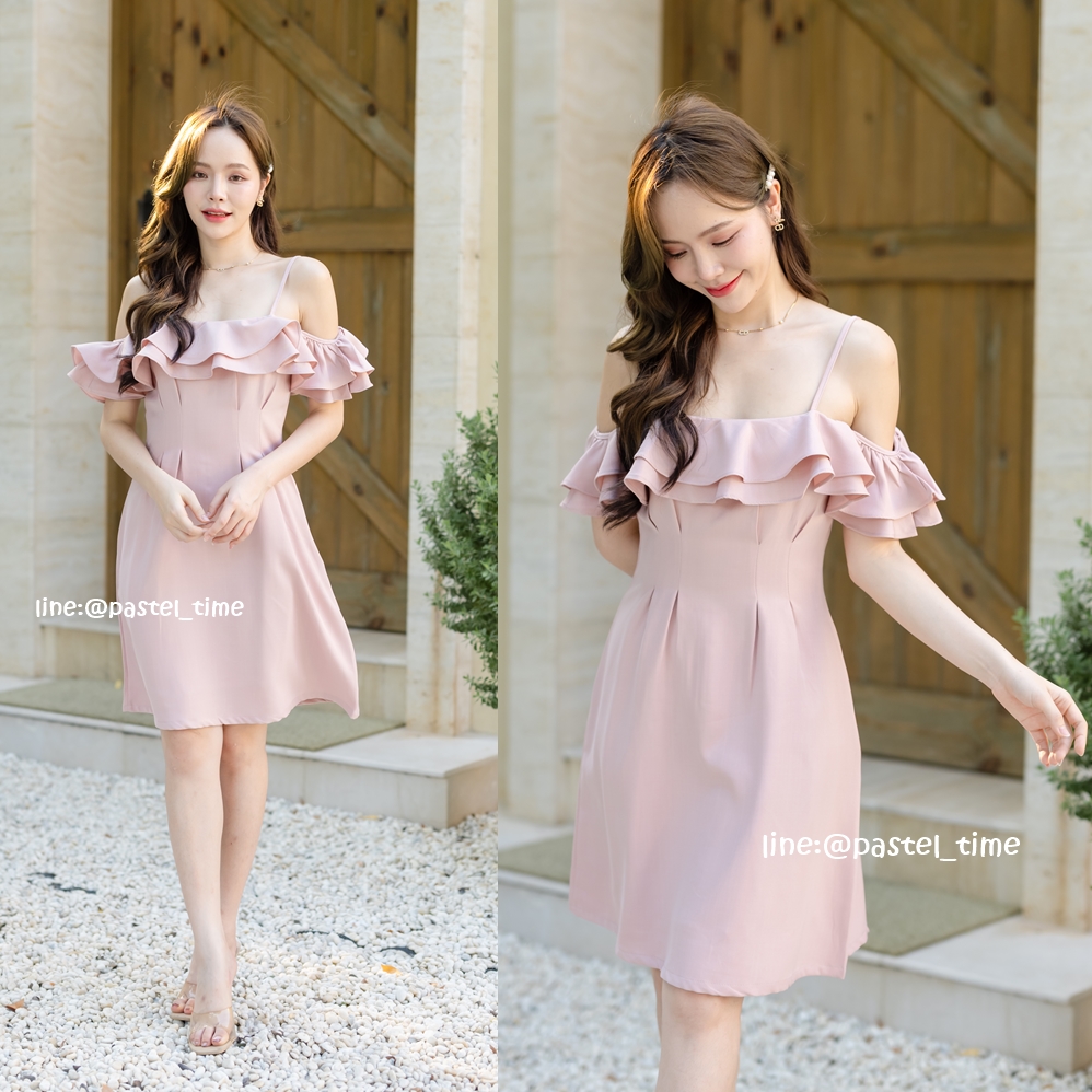 Myrine Ruffle Dress : สีชมพู **มีแต่XL**