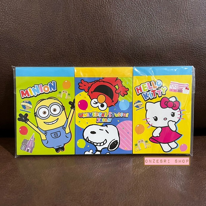 เซ็ตสมุดฉีกเล่มเล็ก 3 เล่ม ลายรวม Characters (USJ) แบบ Hello Kitty & Minion ขนาด 6 x 9 ซม. เล่มละ 60 แผ่น มีขายเฉพาะที่ Universal Studios Japan เท่านั้น