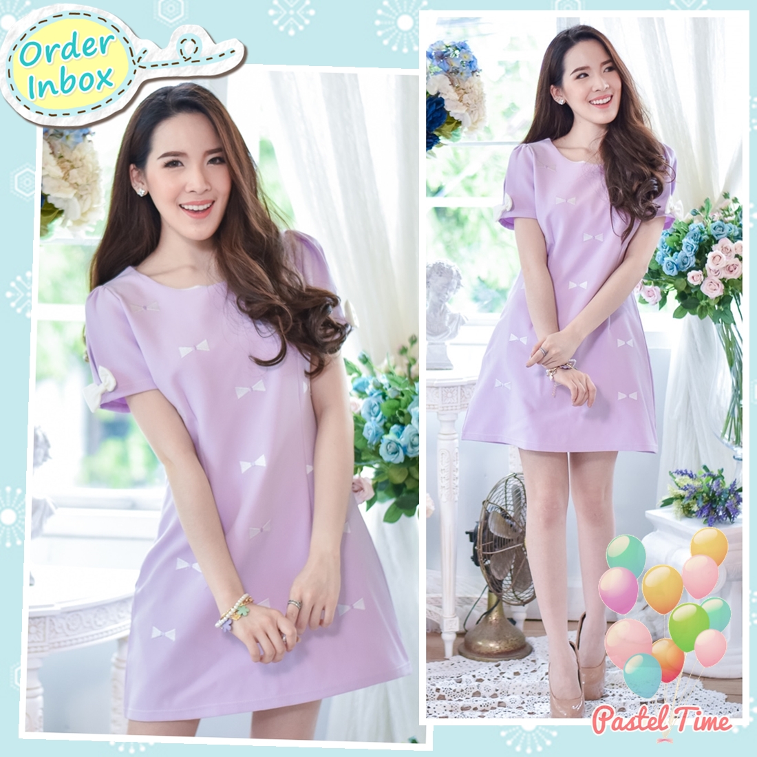 Pastel Bow Embroidery Dress – Violet สีม่วง