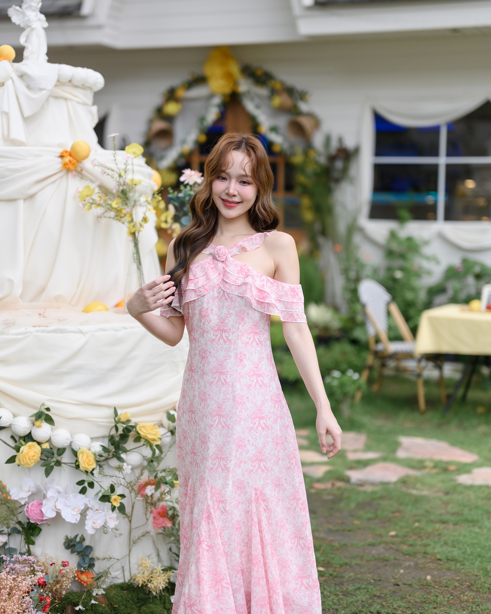 Pink Toile Bow Off-Shoulder Maxi Dress