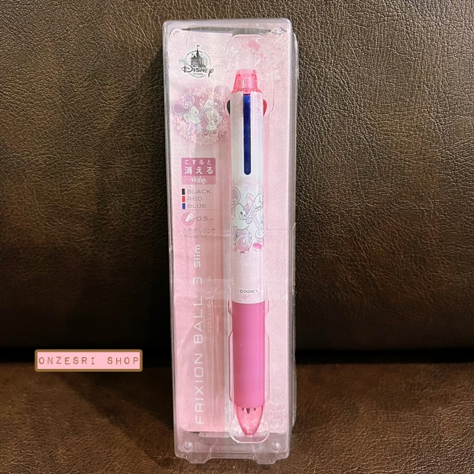 ปากกาลบได้ Pilot Frixion Ball 3 Slim หมึกมี 3 สี น้ำเงิน แดง ดำ หัว 0.5 ลาย Mickey & Minnie Sakura สีชมพู มีขายเฉพาะที่ Disney Store Japan เท่านั้น