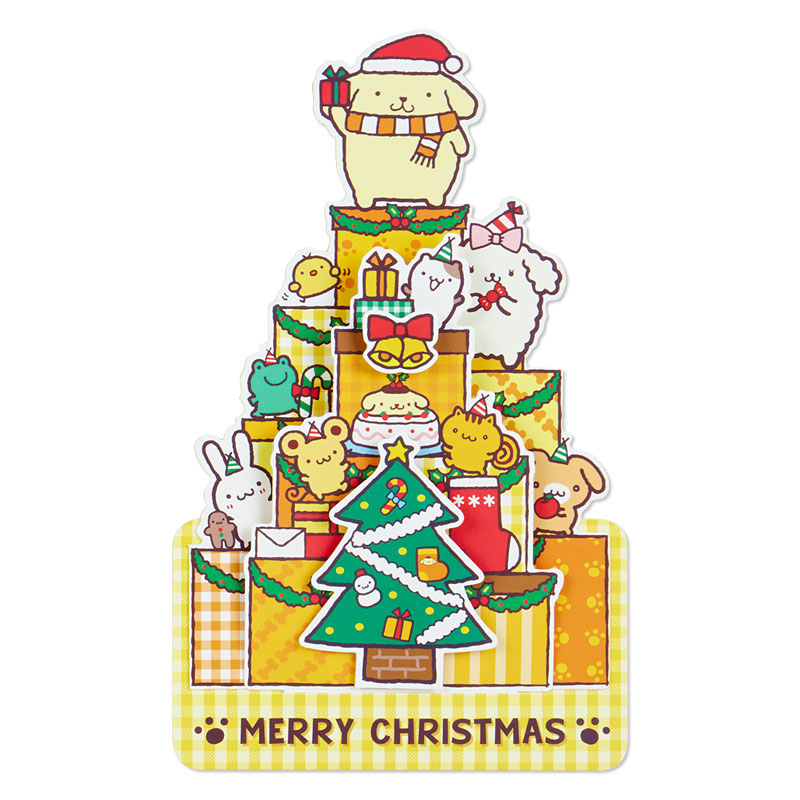 Sanrio Christmas Pop Up Card From Japan การ์ดอวยพรลาย Pompompurin กางออกมาเป็นต้นคริสต์มาสได้น่ารัก ขนาด 18.8 x 13 x 7.2 ซม.