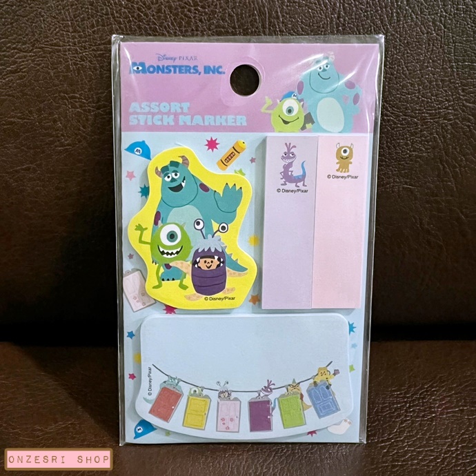 Assort Stick Marker ลาย Monster Inc. เป็นกระดาษมีกาว ใช้คั่นหนังสือ หรือจดด้านในได้ ขนาด 10.5 x 6.5 ซม. มี 4 ลาย รวม 80 แผ่น