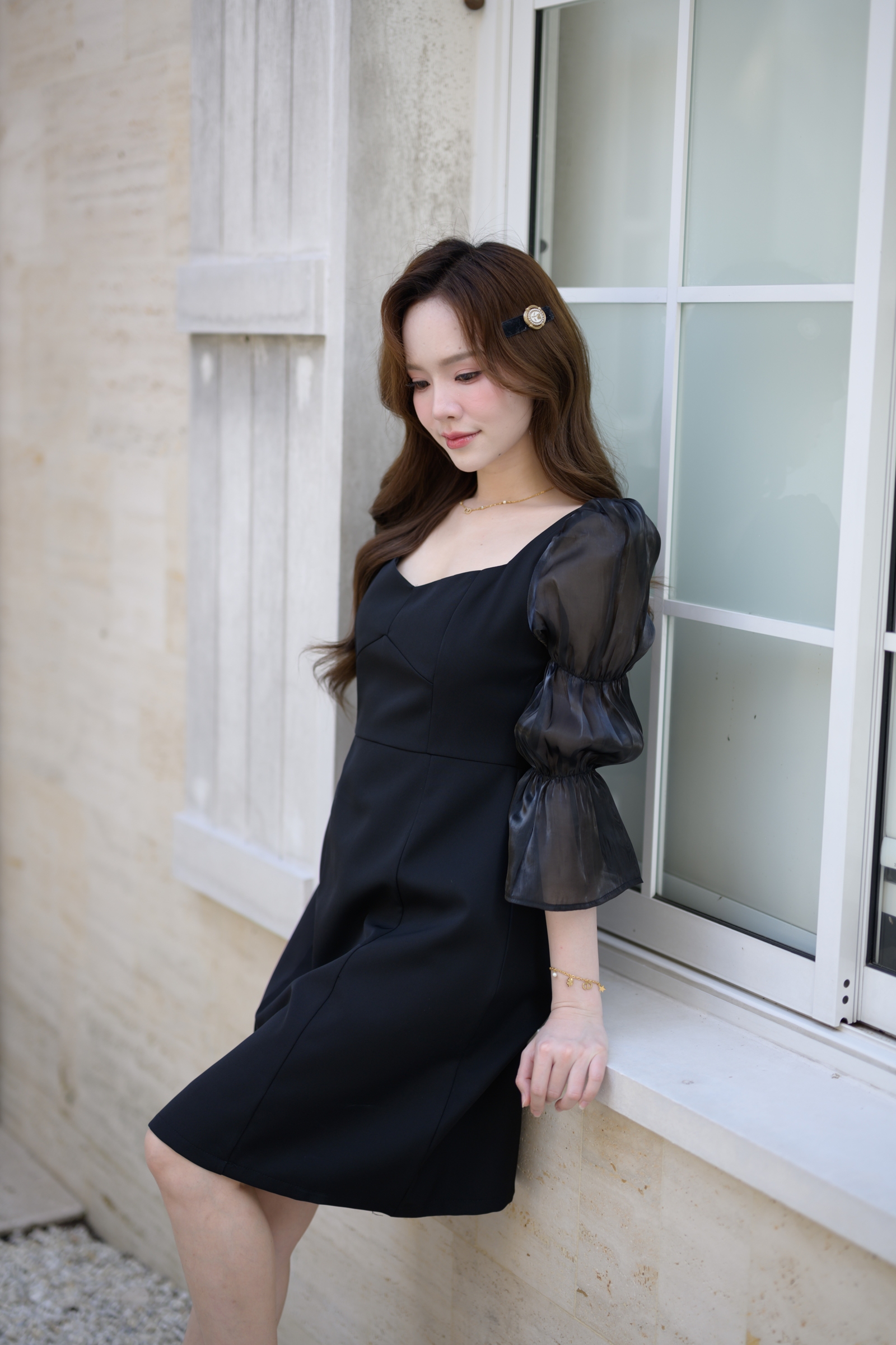 Evie Organza Puff Dress เดรสแขนพัฟ: สีดำ [Made by Pastel Time]